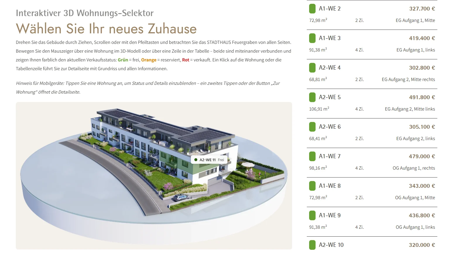 Wohnungsfinder STADTHAUS Feuergraben: 3D-Gebäude und Wohnungstabelle mit Verkaufsstatus