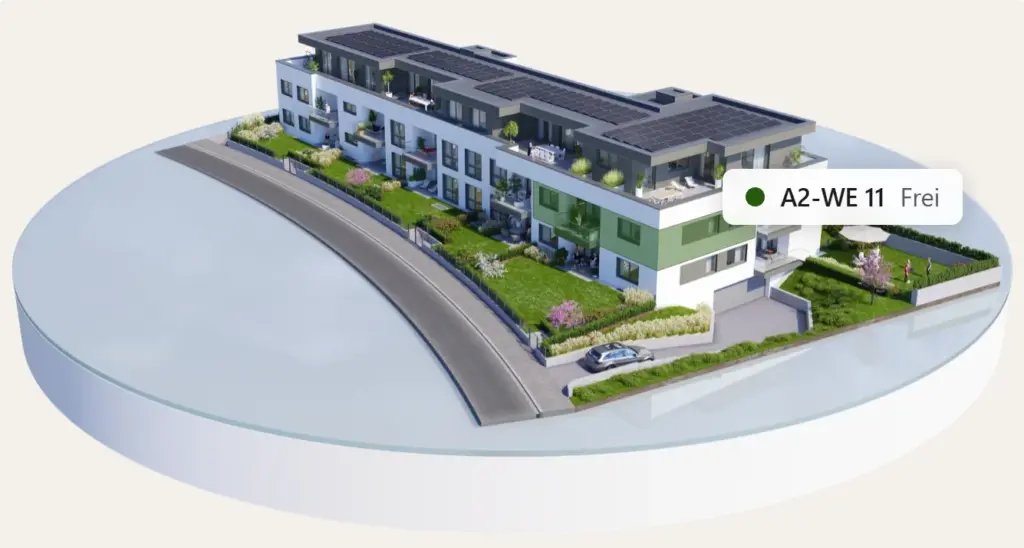3D-Modell des STADTHAUS Feuergraben mit hervorgehobener Wohnung und Status „Frei“