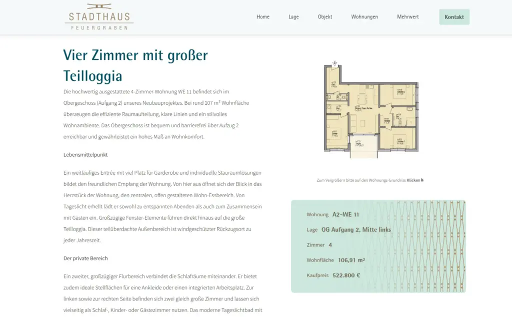 Detailseite einer Wohnung mit Grundriss, Lage, Zimmern, Wohnfläche und Kaufpreis